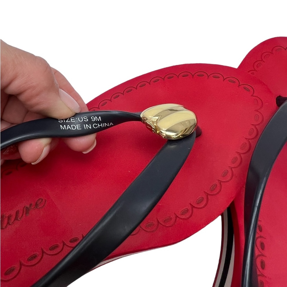 Juicy Couture Red White Blue Thong Slip On Wedge Gold Tone Apple SZ9 4Th Of July - Picture 6 of 9